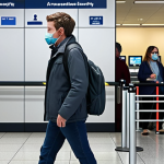 A person using facial recognition to quickly pass through airport security, skipping long lines. The scene should convey convenience and efficiency.